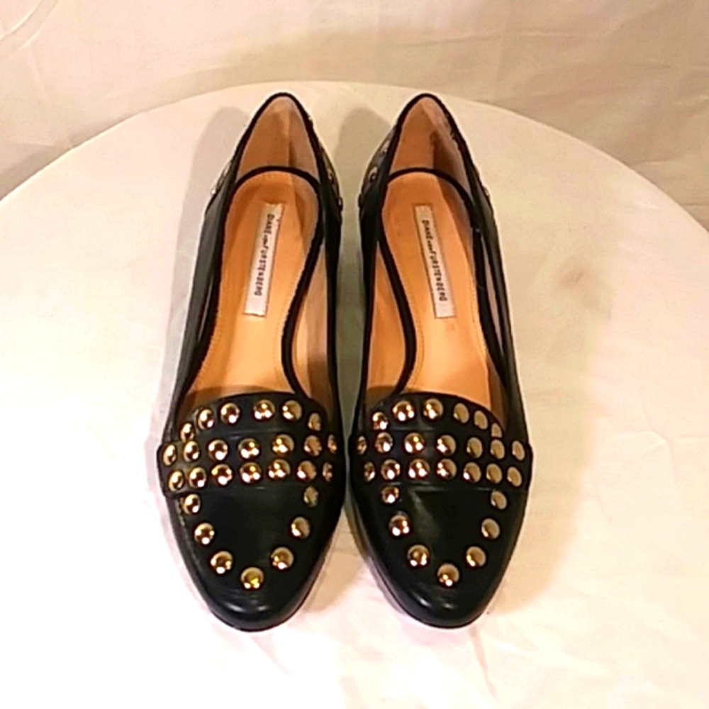 Diane Von Furstenberg Black and Gold Studded Loafers